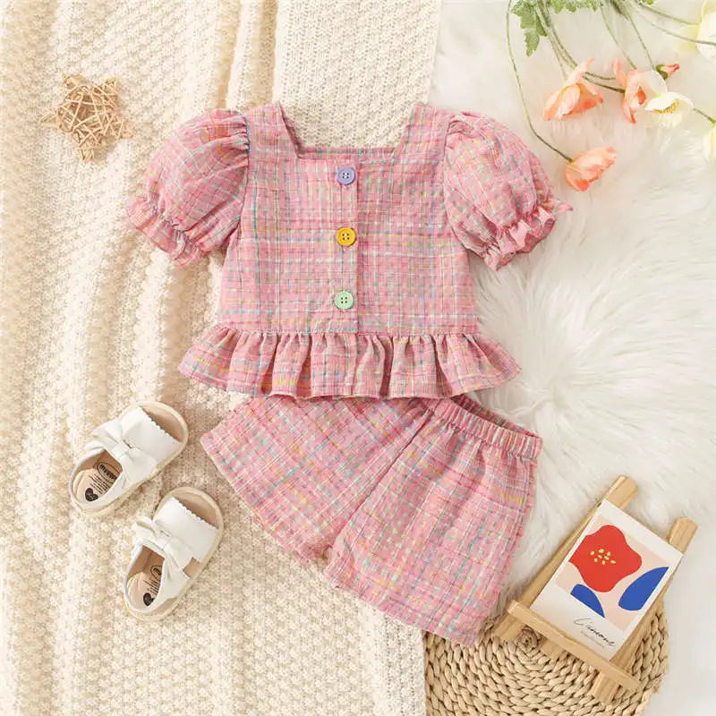 Sunshine Sweetheart Plaid Set – Baby Girl Bubble Sleeve Top & Shorts