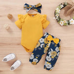 Sunshine Bloom Baby Girl Outfit – Bodysuit, Floral Pants & Headband Set