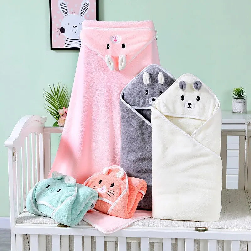 Cuddle Critter Hooded Baby Blanket – Soft Coral Fleece Wrap for Bath & Snuggles
