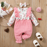 Blossom Belle Baby Girl Set – Floral Romper with Ruffle Overalls & Headband