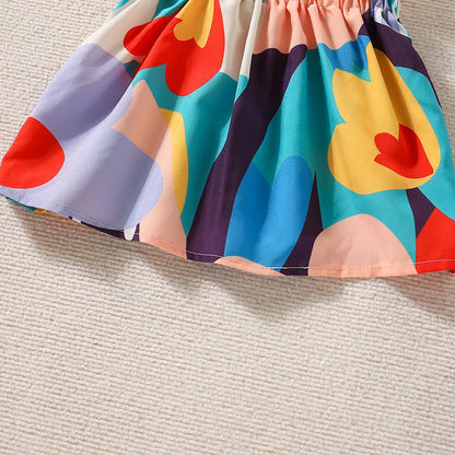 Color Pop Heart Print Set – Girls’ Summer Ruffle Top & Shorts Outfit