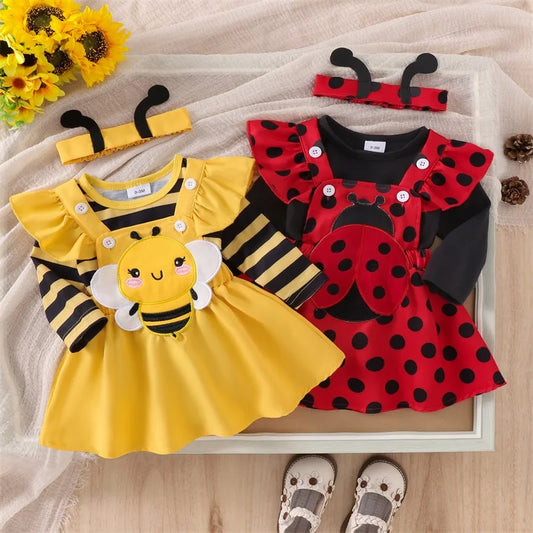 Honeybee Harvest Baby Girl Set – Romper, Suspender Skirt & Headband Set
