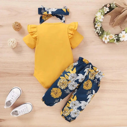 Sunshine Bloom Baby Girl Outfit – Bodysuit, Floral Pants & Headband Set