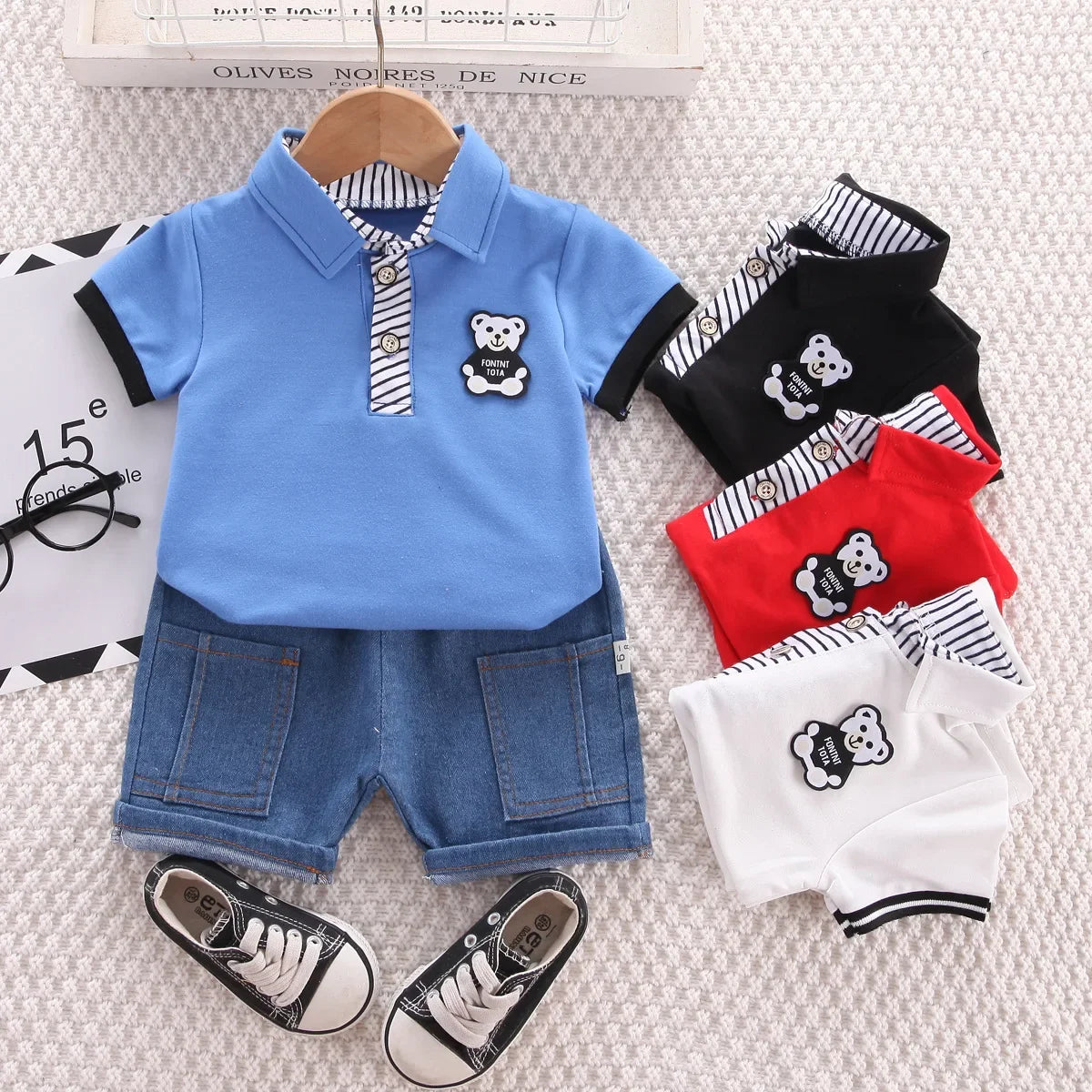 Baby Bear Polo Set – Summer Outfit with Denim Shorts
