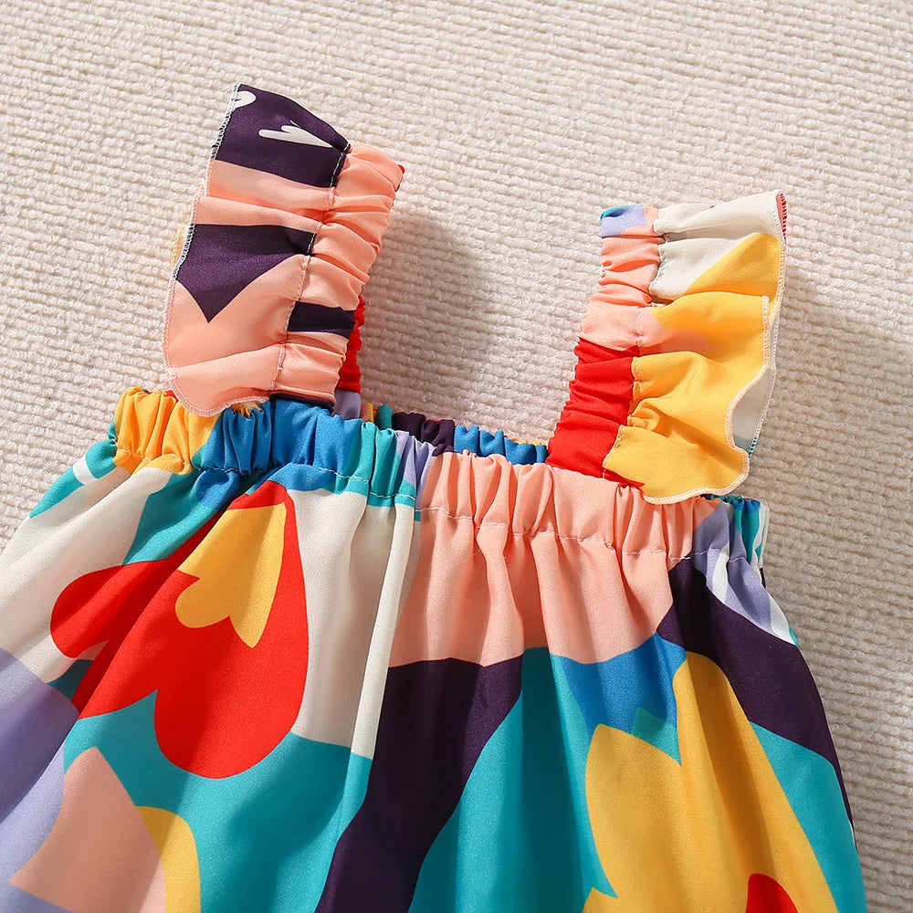 Color Pop Heart Print Set – Girls’ Summer Ruffle Top & Shorts Outfit