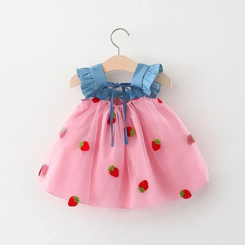 Strawberry Sweetheart Princess Dress – Embroidered Summer Dress for Girls
