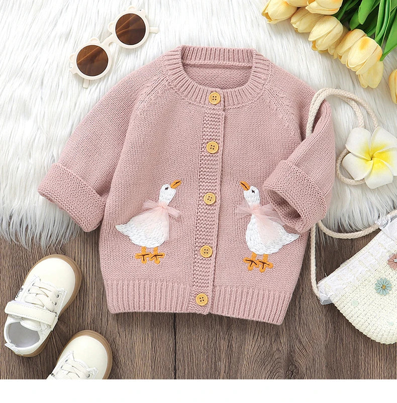 Goosey Knits Baby Cardigan – Embroidered Button-Up Sweater for Infants