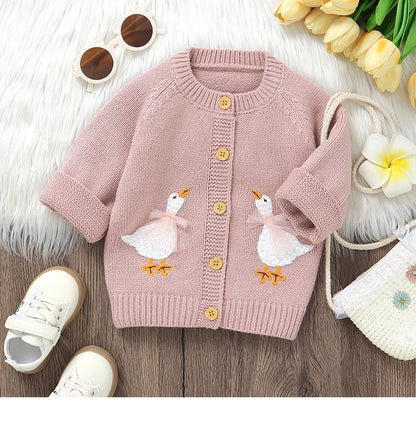 Goosey Knits Baby Cardigan – Embroidered Button-Up Sweater for Infants