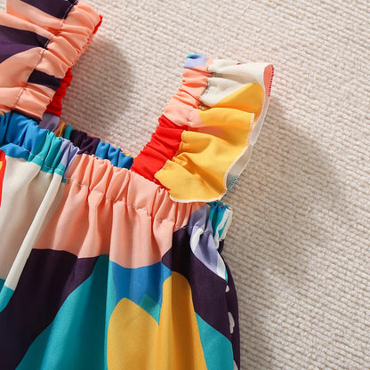 Color Pop Heart Print Set – Girls’ Summer Ruffle Top & Shorts Outfit