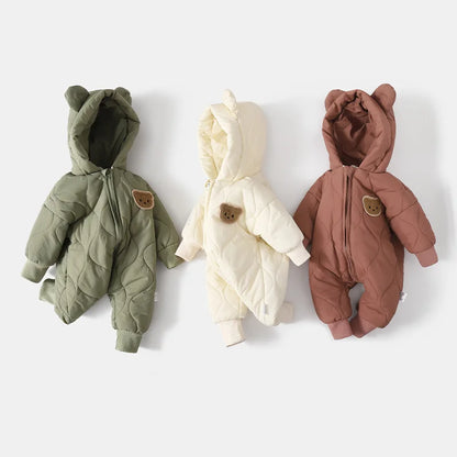 SnuggleBear Winter Romper – Fleece-Lined Hooded Jumpsuit for Babies