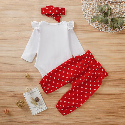 Sweetheart Dots Baby Girl Set – Long Sleeve Romper, Polka Dot Pants & Bow Headband
