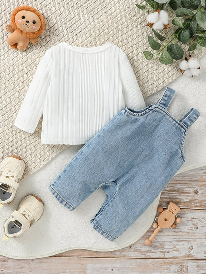 I Love Mama Denim Set – 2-Piece Long Sleeve Top & Overalls Outfit for Babies
