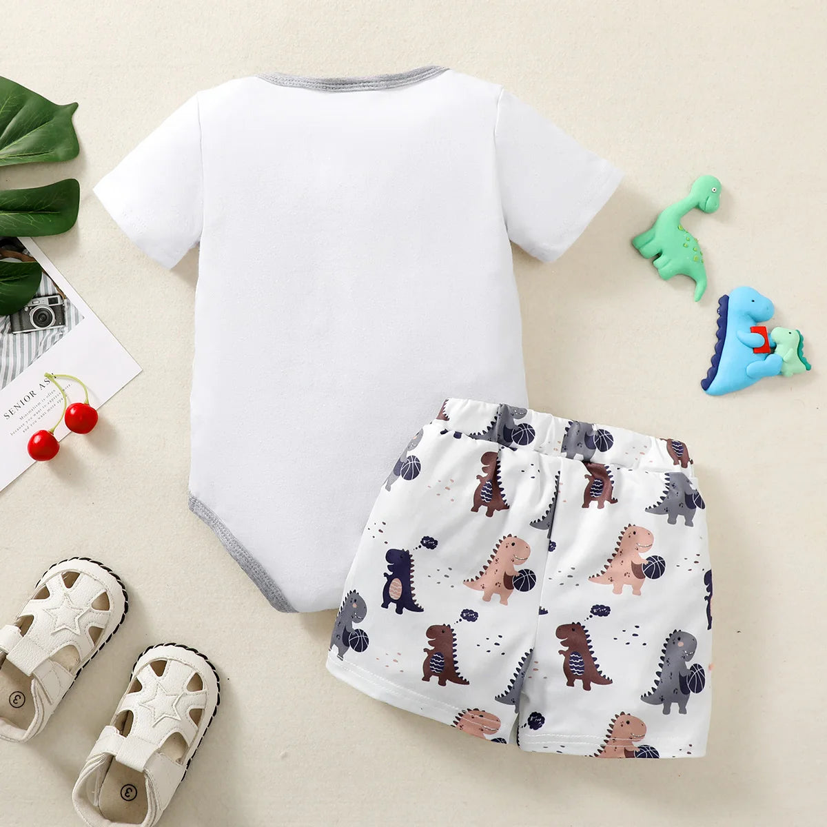 Tiny Roar Dinosaur Bodysuit & Shorts Set – Summer Cotton Baby Outfit