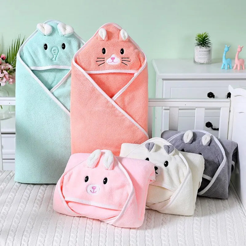 Cuddle Critter Hooded Baby Blanket – Soft Coral Fleece Wrap for Bath & Snuggles