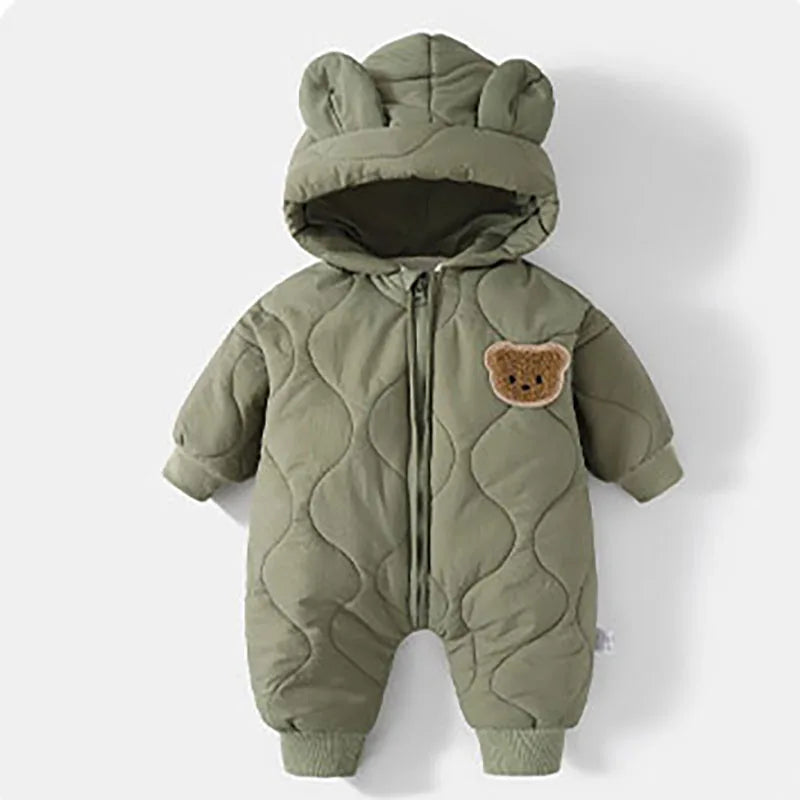 SnuggleBear Winter Romper – Fleece-Lined Hooded Jumpsuit for Babies