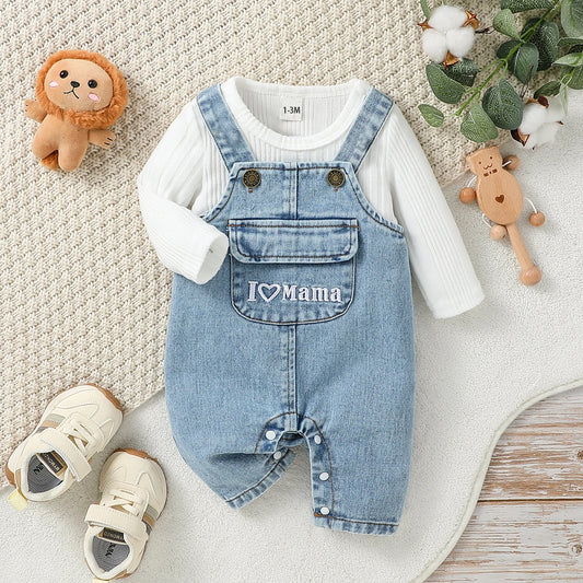 I Love Mama Denim Set – 2-Piece Long Sleeve Top & Overalls Outfit for Babies
