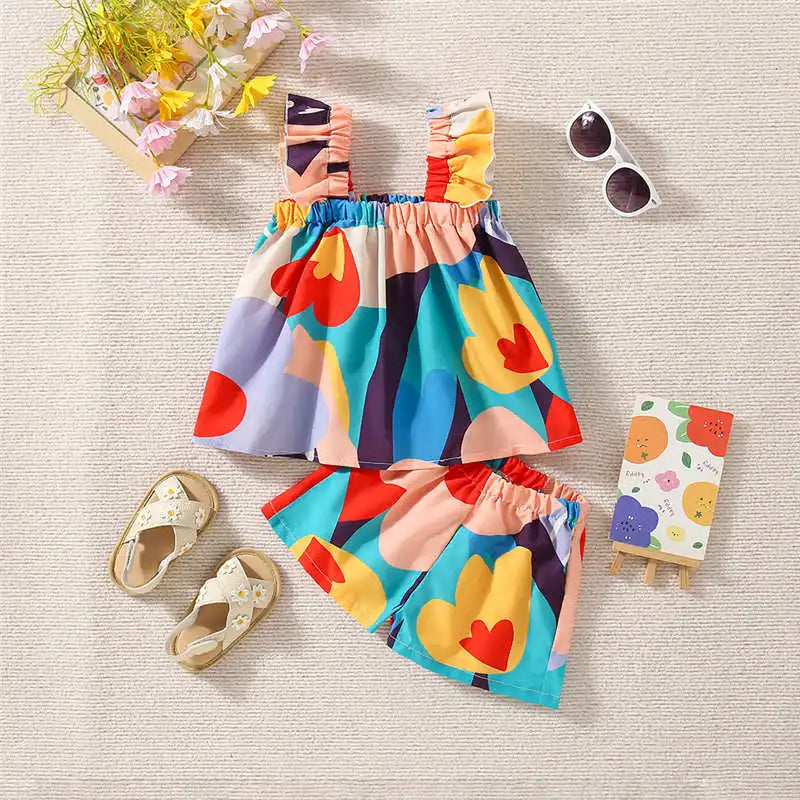 Color Pop Heart Print Set – Girls’ Summer Ruffle Top & Shorts Outfit
