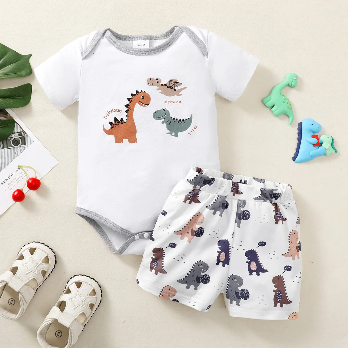 Tiny Roar Dinosaur Bodysuit & Shorts Set – Summer Cotton Baby Outfit