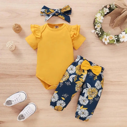 Sunshine Bloom Baby Girl Outfit – Bodysuit, Floral Pants & Headband Set
