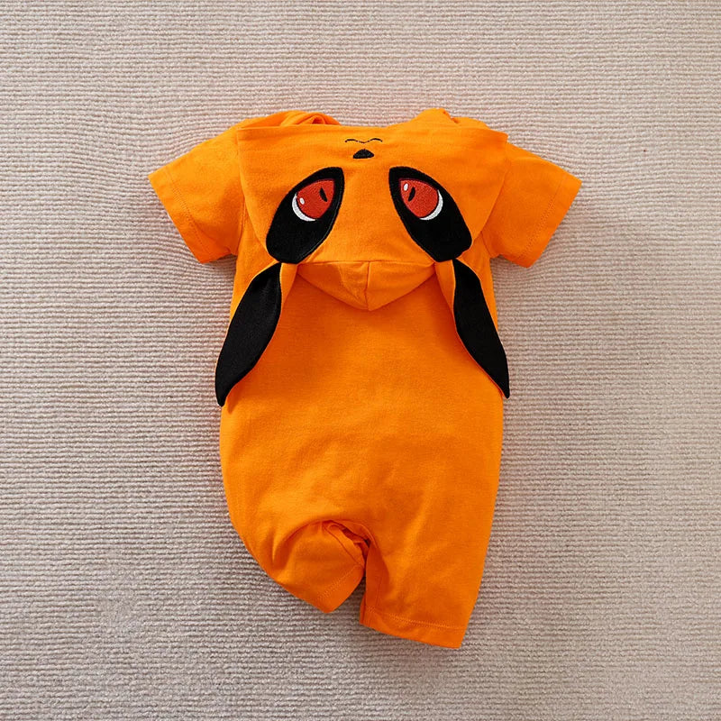 Bright Fox Hooded Romper – Short Sleeve Cotton Baby Jumpsuit