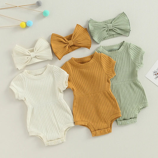 Blossom Breeze Ribbed Romper Set – Baby Girl Summer Outfit with Headband
