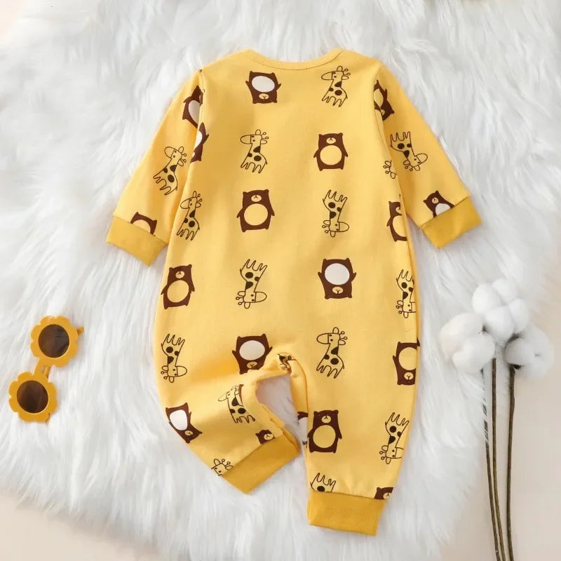 Safari Snuggles Giraffe & Bear Romper - 100% Cotton Long Sleeve Bodysuit