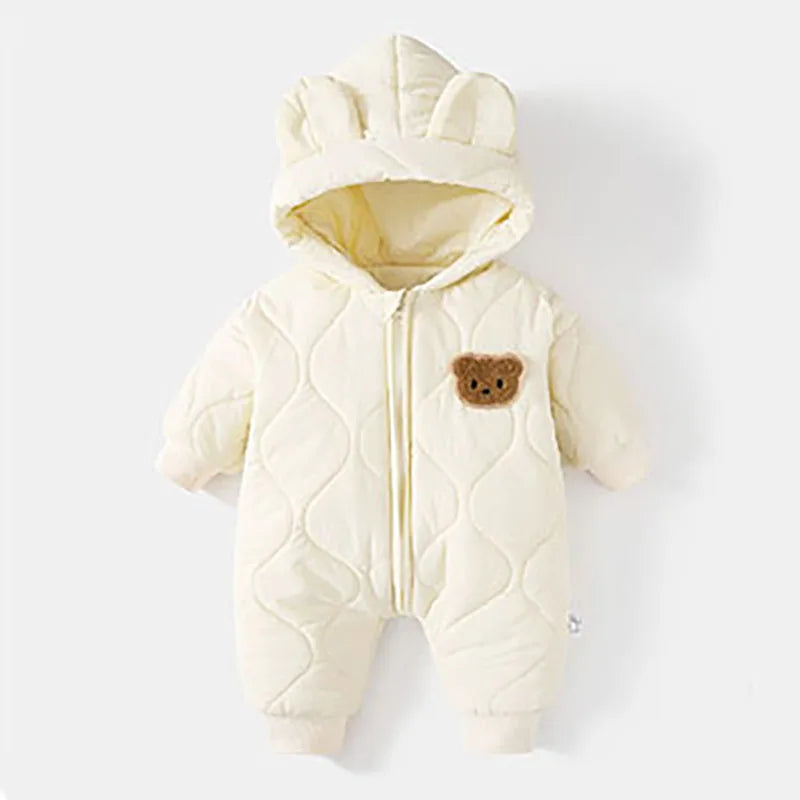SnuggleBear Winter Romper – Fleece-Lined Hooded Jumpsuit for Babies