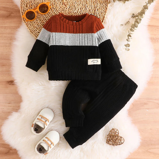 Colorblock Knit Sweater & Pants Set – Cozy Baby Outfit for Autumn