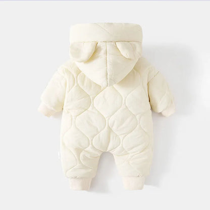 SnuggleBear Winter Romper – Fleece-Lined Hooded Jumpsuit for Babies