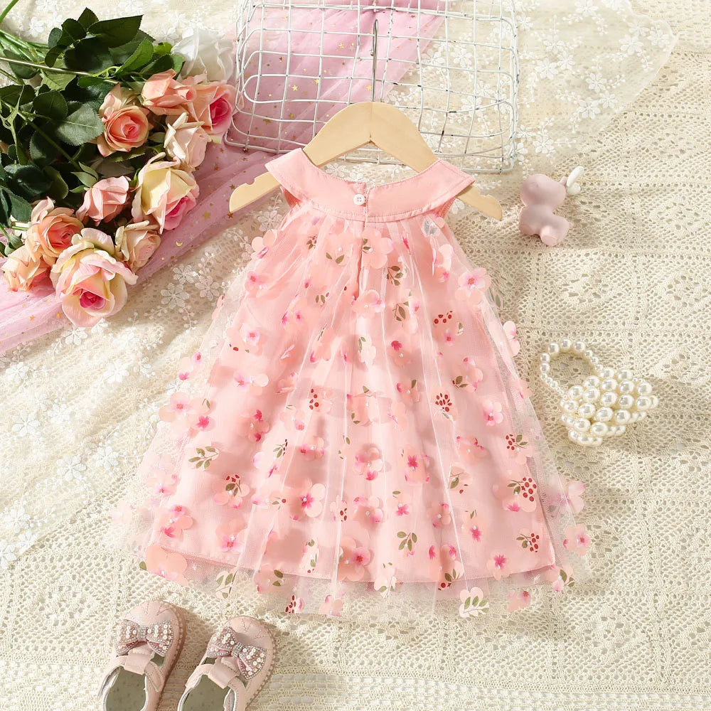 Petal Charm Baby Girl Dress – Sleeveless Floral Mesh Princess Outfit with Bow