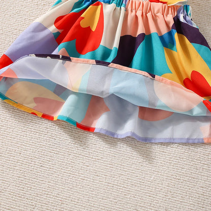 Color Pop Heart Print Set – Girls’ Summer Ruffle Top & Shorts Outfit