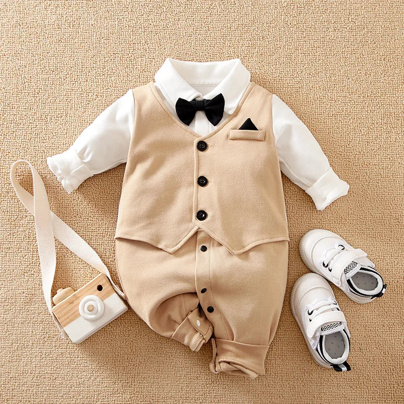 Formal Baby Gentleman Romper – Beige Vest & Bow Tie Bodysuit