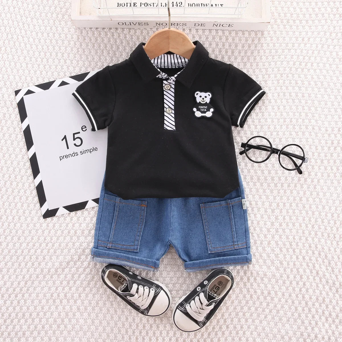 Baby Bear Polo Set – Summer Outfit with Denim Shorts