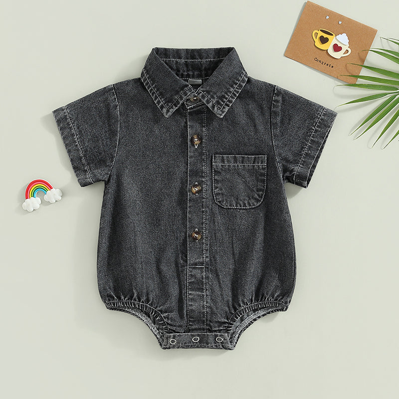 Mini Denim Button-Up Bodysuit – Short Sleeve Baby Romper for Summer
