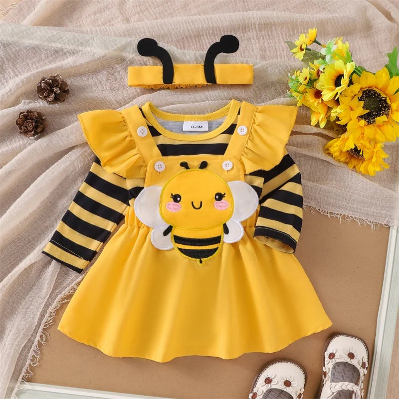 Honeybee Harvest Baby Girl Set – Romper, Suspender Skirt & Headband Set