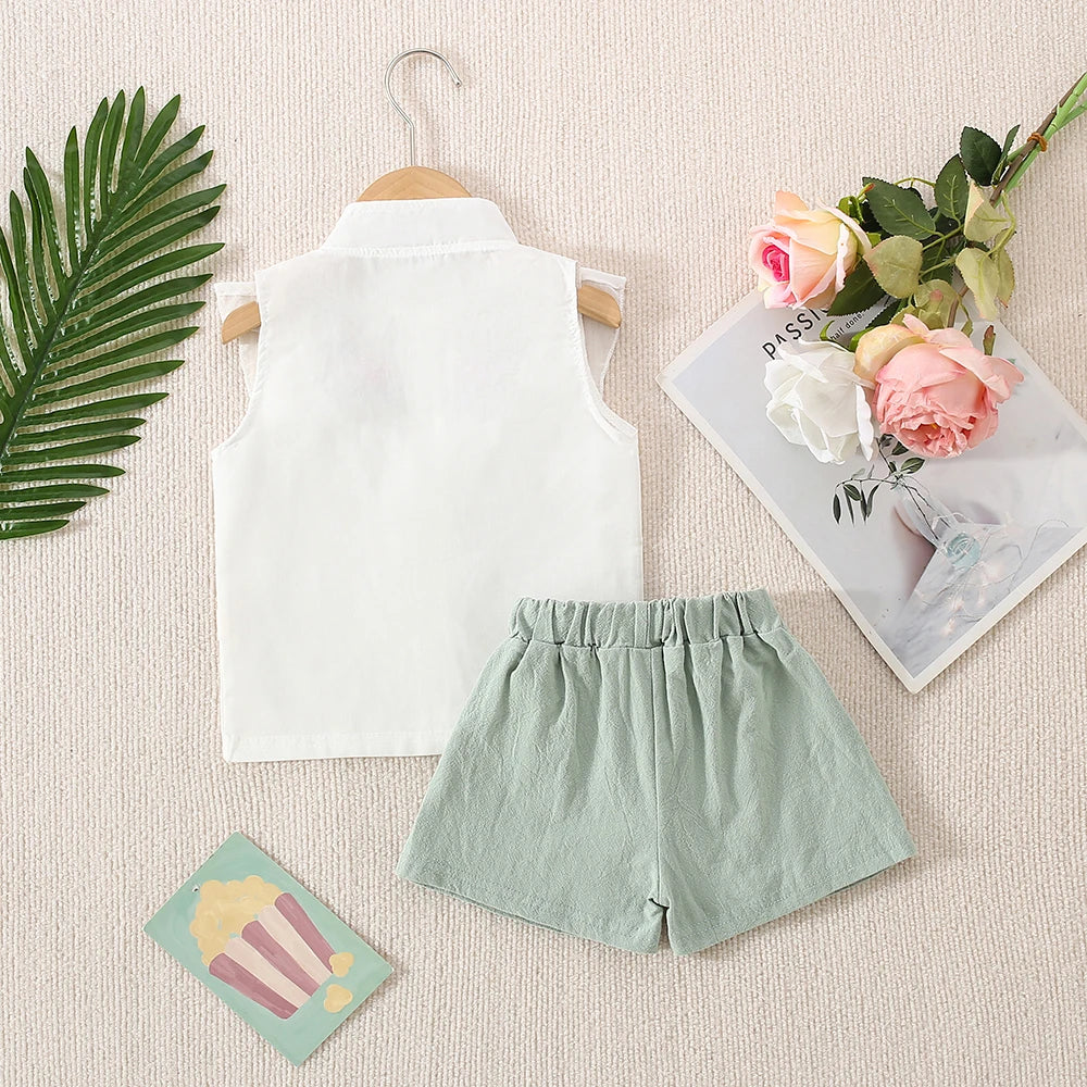 Blossom Breeze Embroidered Summer Set – Sleeveless Ruffle Top & Belted Shorts