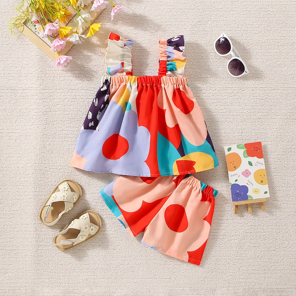 Color Pop Heart Print Set – Girls’ Summer Ruffle Top & Shorts Outfit
