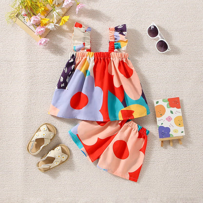 Color Pop Heart Print Set – Girls’ Summer Ruffle Top & Shorts Outfit