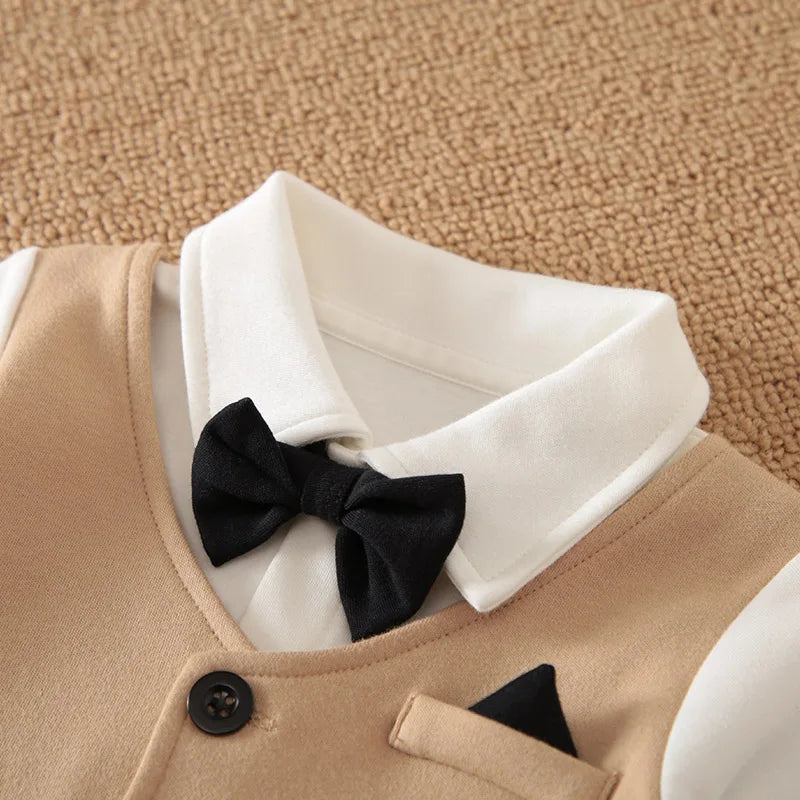 Formal Baby Gentleman Romper – Beige Vest & Bow Tie Bodysuit
