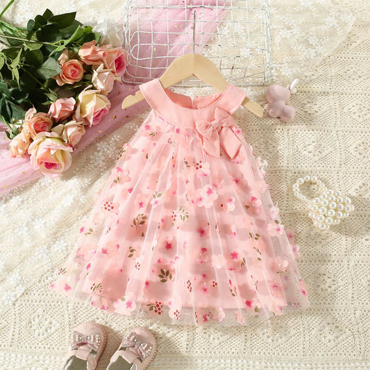 Petal Charm Baby Girl Dress – Sleeveless Floral Mesh Princess Outfit with Bow