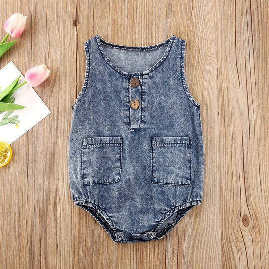 Mini Denim Explorer Romper – Sleeveless Summer Jean Bodysuit for Babies