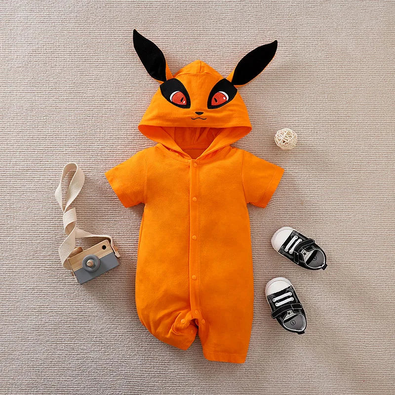 Bright Fox Hooded Romper – Short Sleeve Cotton Baby Jumpsuit