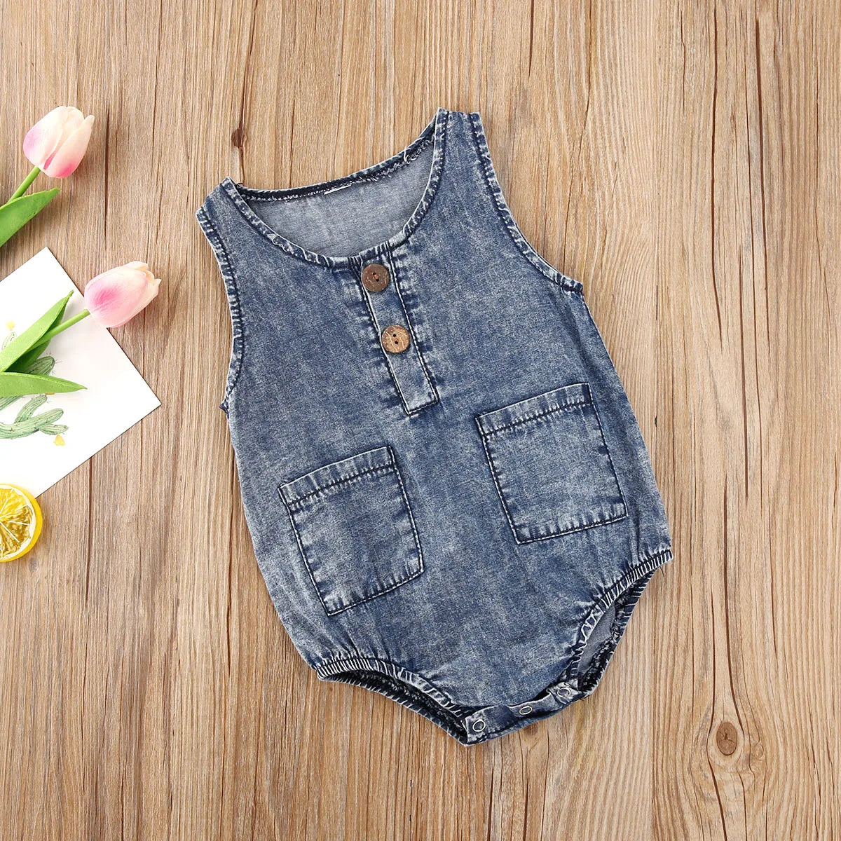 Mini Denim Explorer Romper – Sleeveless Summer Jean Bodysuit for Babies