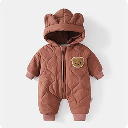 SnuggleBear Winter Romper – Fleece-Lined Hooded Jumpsuit for Babies