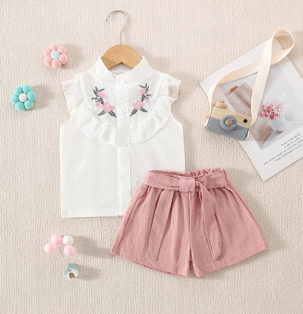 Blossom Breeze Embroidered Summer Set – Sleeveless Ruffle Top & Belted Shorts