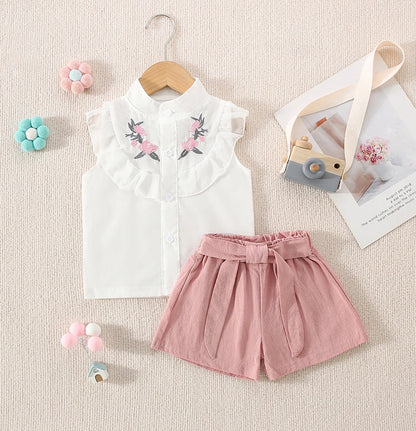 Blossom Breeze Embroidered Summer Set – Sleeveless Ruffle Top & Belted Shorts