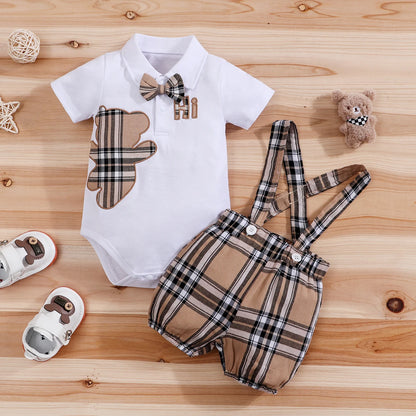 Preppy Plaid Bear Suspender Set – Baby Boys 2-Piece Summer Outfit