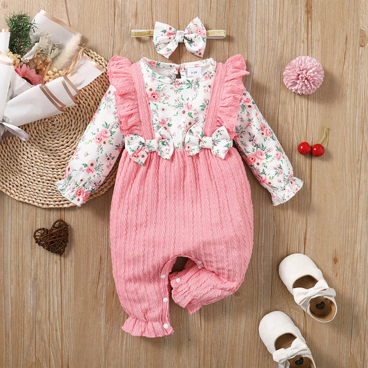 Blossom Belle Baby Girl Set – Floral Romper with Ruffle Overalls & Headband