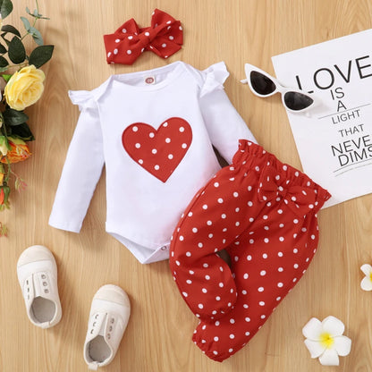 Sweetheart Dots Baby Girl Set – Long Sleeve Romper, Polka Dot Pants & Bow Headband