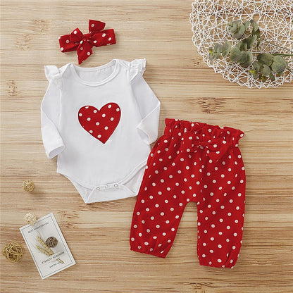 Sweetheart Dots Baby Girl Set – Long Sleeve Romper, Polka Dot Pants & Bow Headband